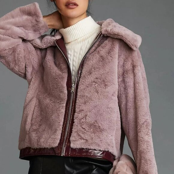 Anthropologie Maeve Purple Faux Fur Jacket with Faux Leather Trim - Picture 1 of 4